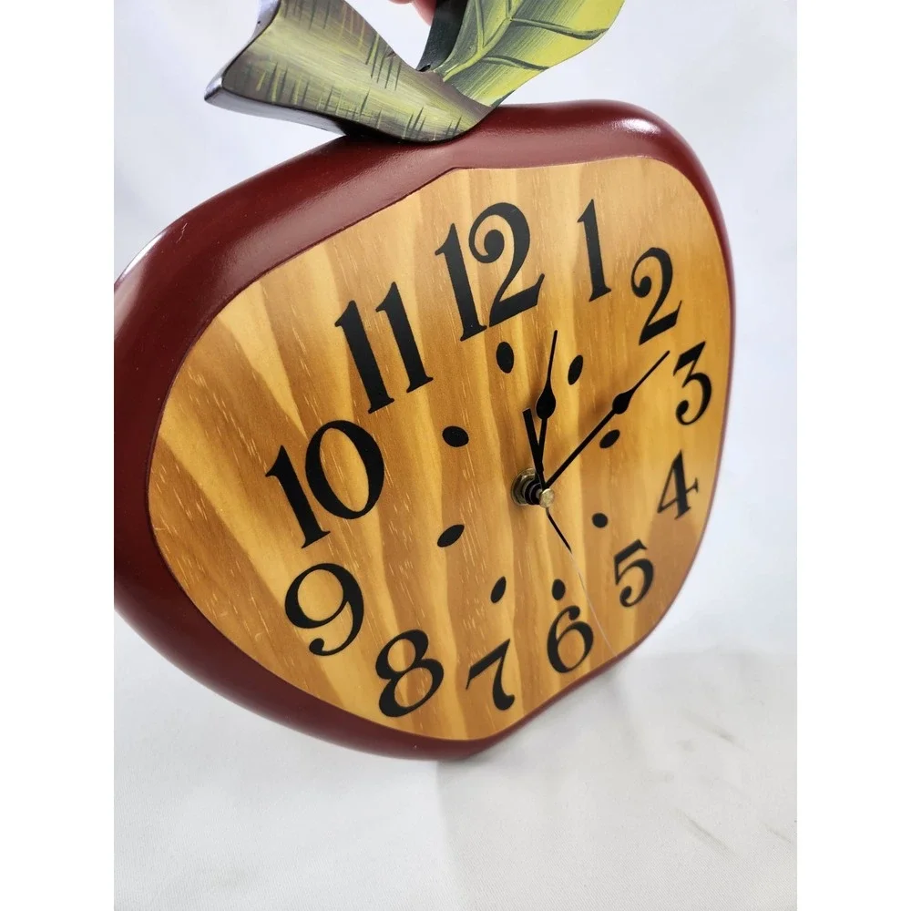 Vintage Wooden Apple Wall Clock 1990s Retro Kitchen Farmhouse Cottagecore Decor